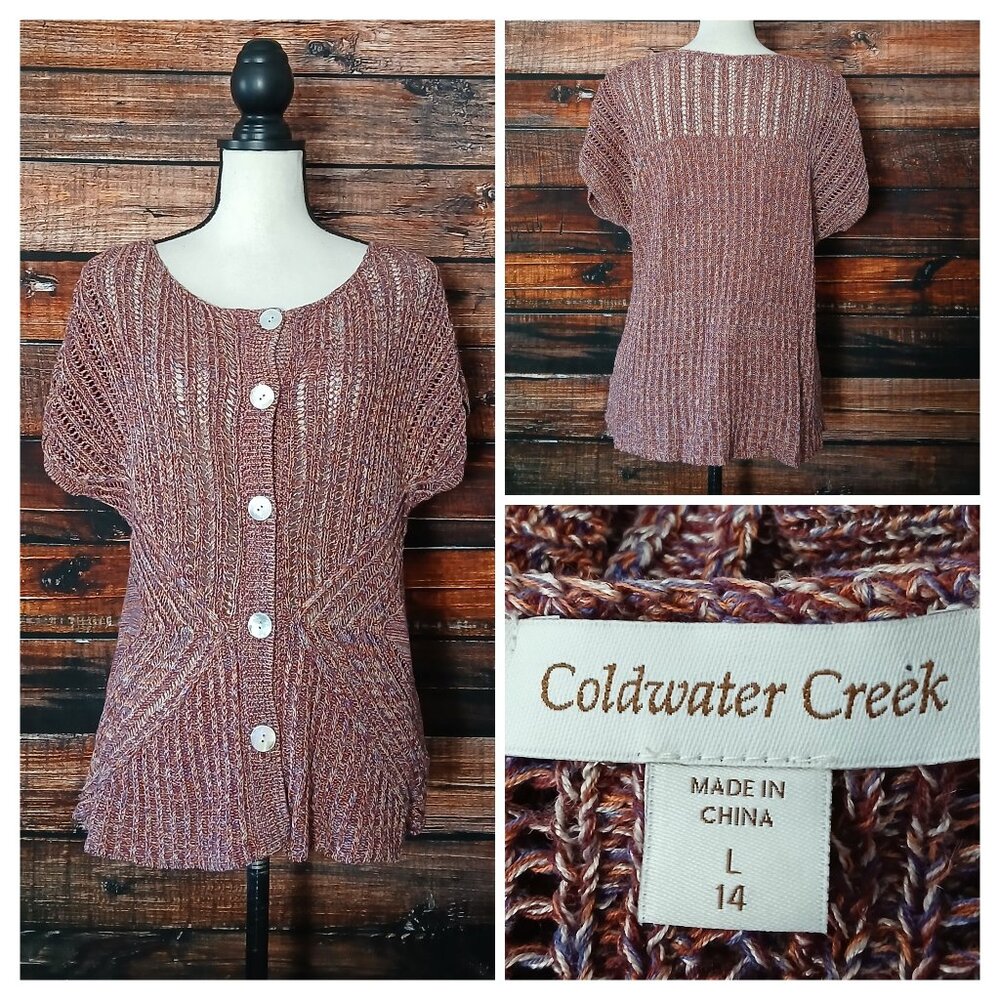 Coldwater Creek Knit Top L Linen Blend Short Sleeve Sweater Shell Button Marled